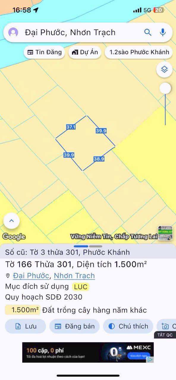 Đất nền Phước Khánh Nhơn Trạch 1000m² giá 1.85 tỷ - Đường xe hơi thuận tiện