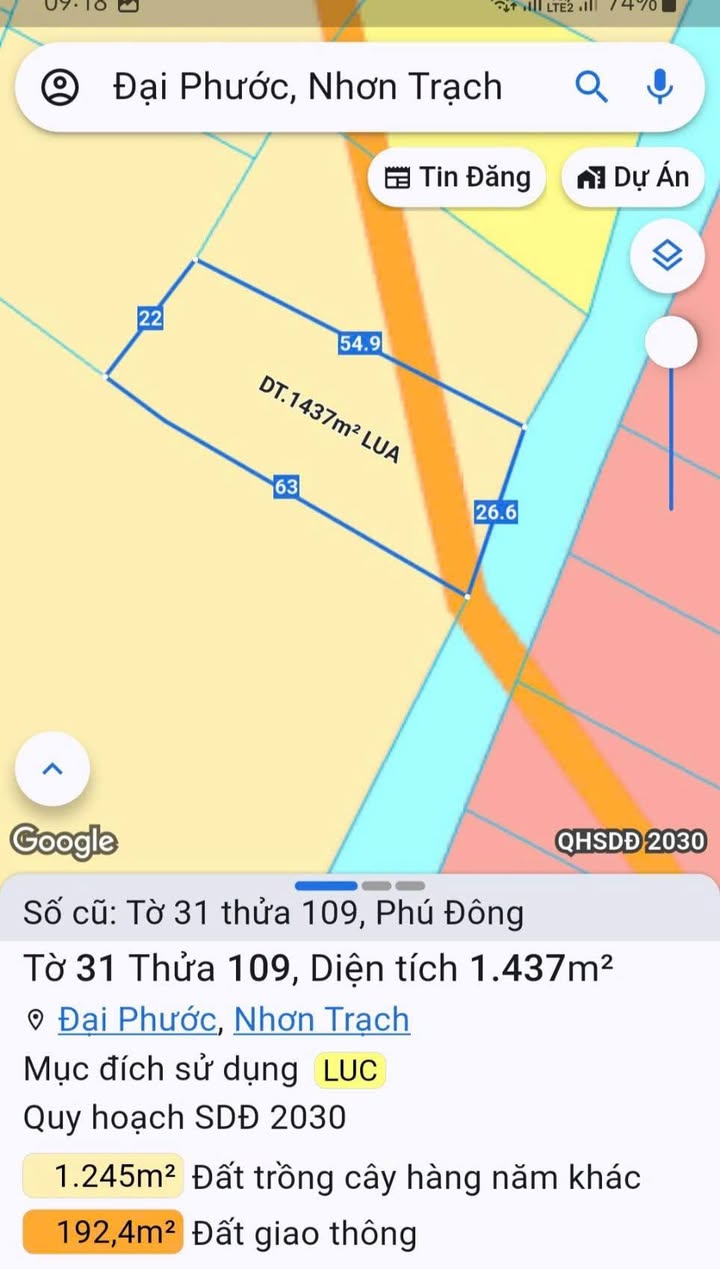 Đất công ruộng Phú Đông Nhơn Trạch 1437m² - Sổ hồng chính chủ, giá thỏa thuận
