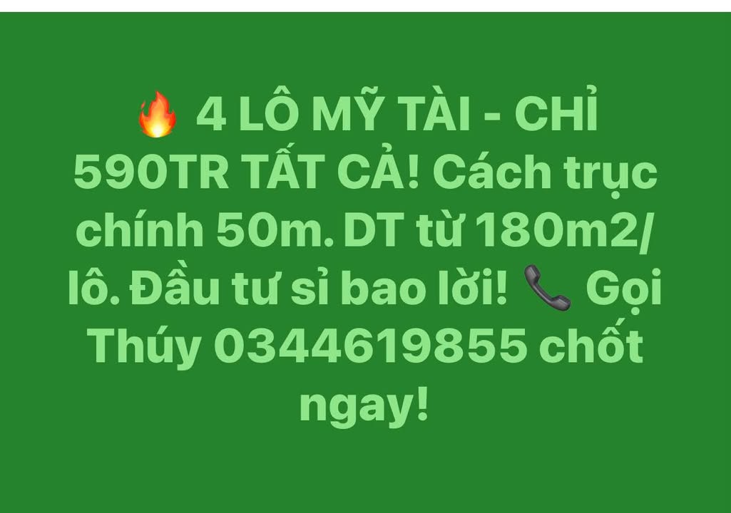 Đất nền Mỹ Tài Phù Mỹ 180m² chỉ 590 triệu - Đầu tư sinh lời ngay!