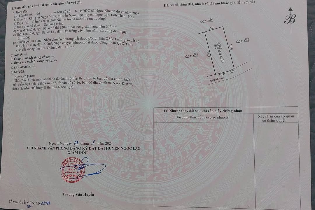 Đất nền xã Ngọc Lặc 533m² giá 5 tỷ - Cơ hội đầu tư sinh lời ngay!