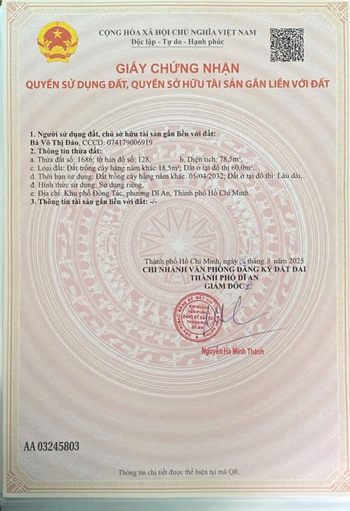 Đất nền Dĩ An 79m² giá 2.68 tỷ - Vị trí trung tâm thuận lợi!