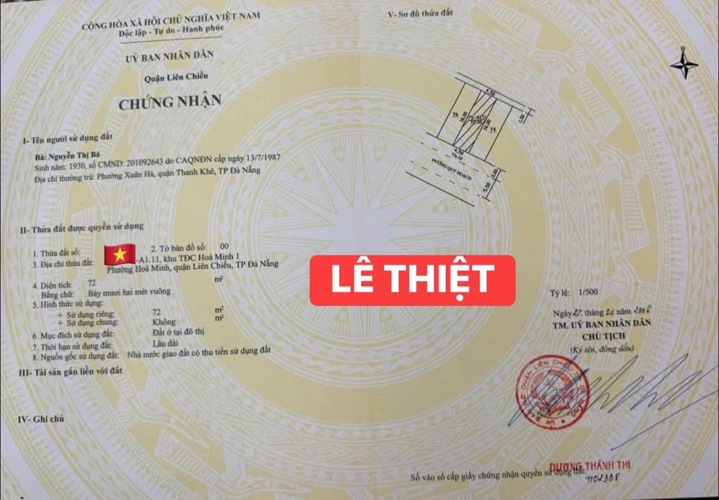 Đất mặt tiền Lê Thiệt Hoà Khánh 72m² giá 5.2 tỷ - Cách biển chỉ 100m!