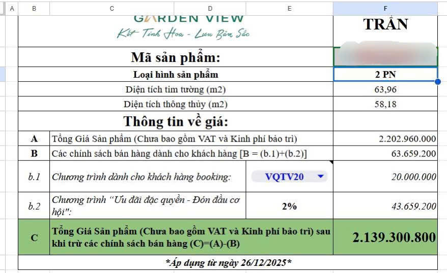 Căn hộ The Emerald Garden View Thuận An 55m² giá 1.815 tỷ - Cơ hội đầu tư tuyệt vời!