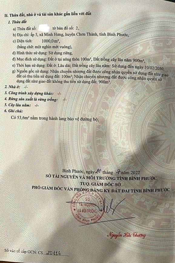 Đất vườn 1000m² Minh Hưng giá 300 triệu - Sổ hồng riêng, công chứng ngay!