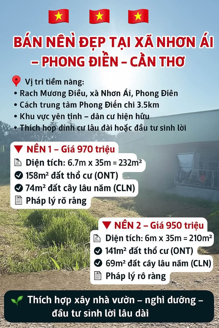 Đất nền đẹp tại Nhơn Ái, Phong Điền, Cần Thơ - Giá chỉ từ 950 triệu