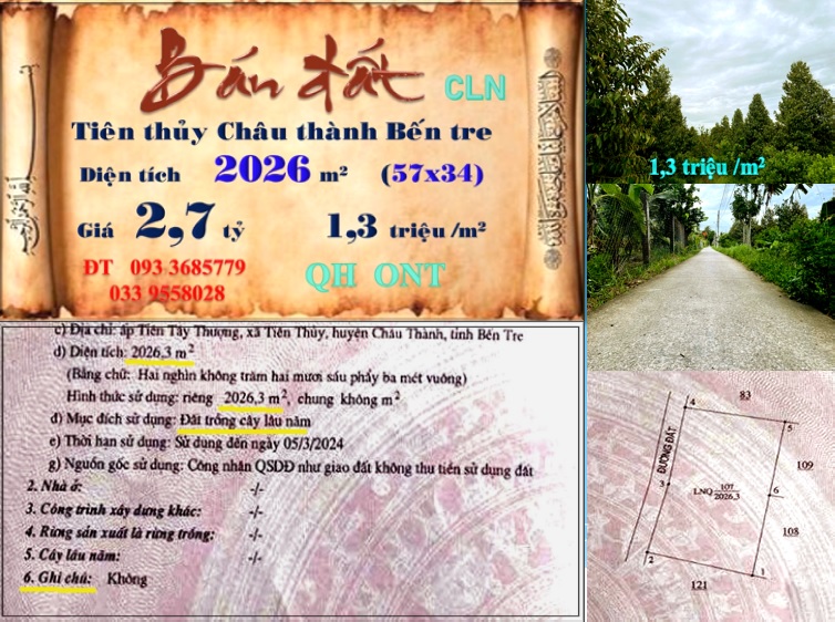 Đất Tiên Thủy, Châu Thành, Bến Tre 2026m² giá 2.7 tỷ - Đầu tư sinh lời tốt!