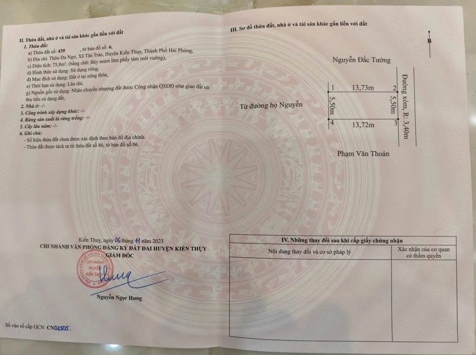 Đất nền đẹp tại Thôn Đa Ngư, Kiến Thụy 75,8m² - Giá chỉ 1 tỷ!