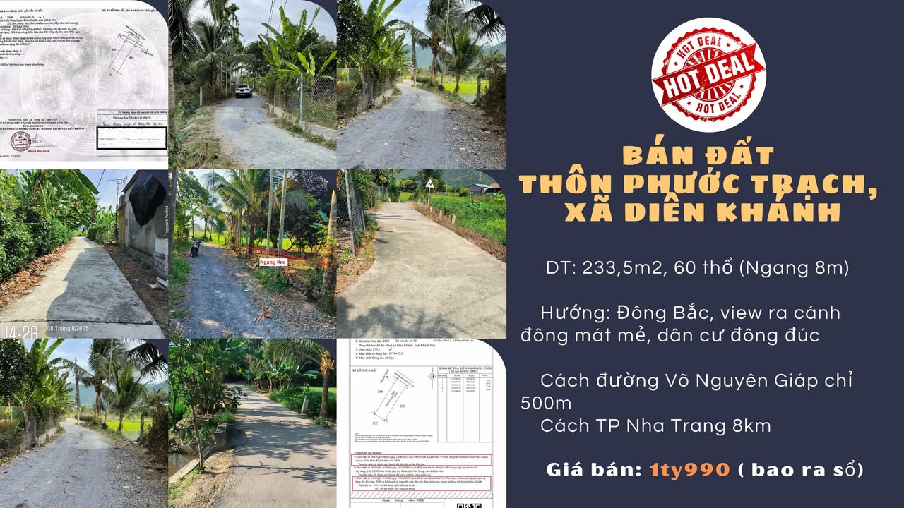 Đất Diên Khánh 233m² giá 1.99 tỷ - Hướng Đông Bắc, sổ hồng chính chủ!