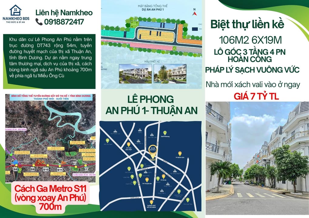 Biệt thự liền kề Lê Phong An Phú 1, Thuận An 106m², giá 7 tỷ - Nhà mới vào ở ngay!