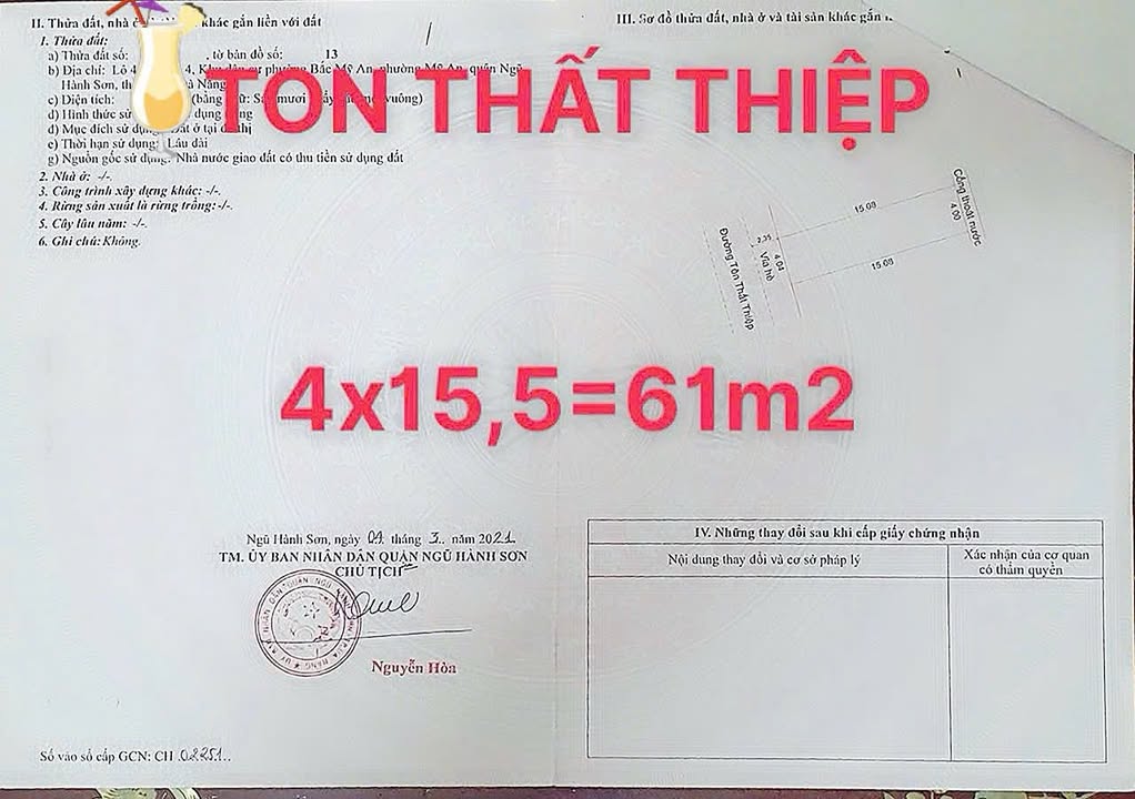 Đất nền đường Tôn Thất Thiệp, Mỹ An, Ngũ Hành Sơn 61m² giá 9.5 tỷ - Sổ đỏ chính chủ, đầu tư sinh lời!