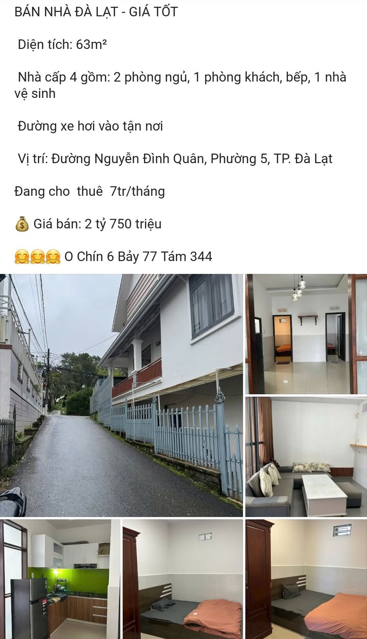 Nhà cấp 4 Đà Lạt 63m² giá 2.75 tỷ - Vị trí thuận lợi, chính chủ bán!