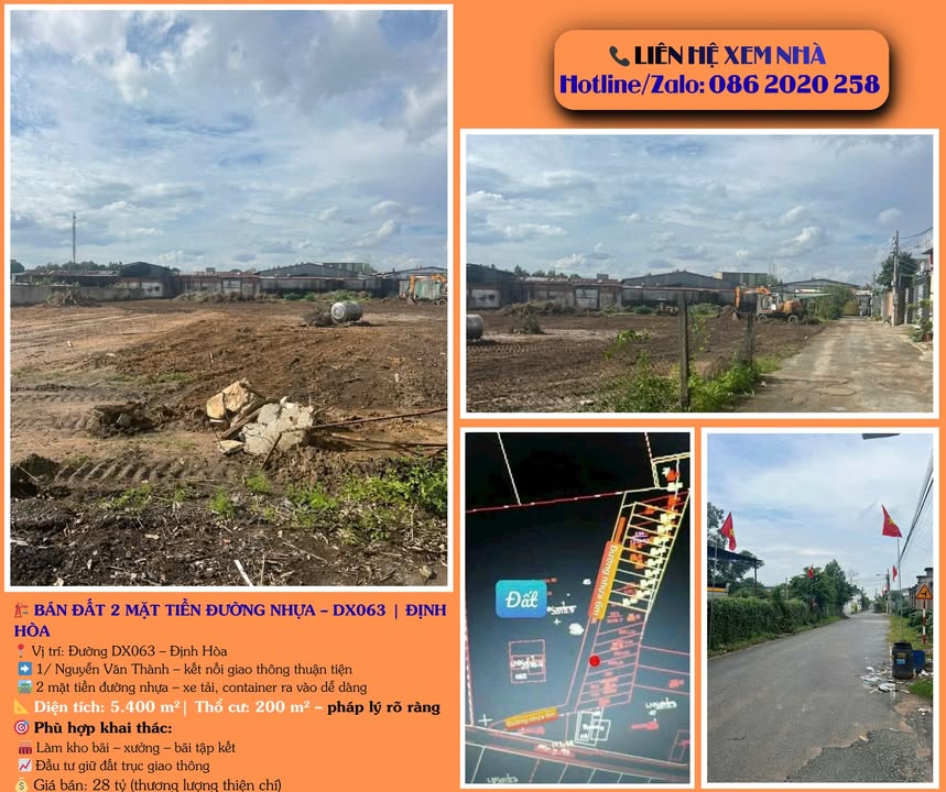 Đất 2 mặt tiền đường nhựa DX063 Định Hòa 5400m² giá 28 tỷ - Đầu tư sinh lời ngay!