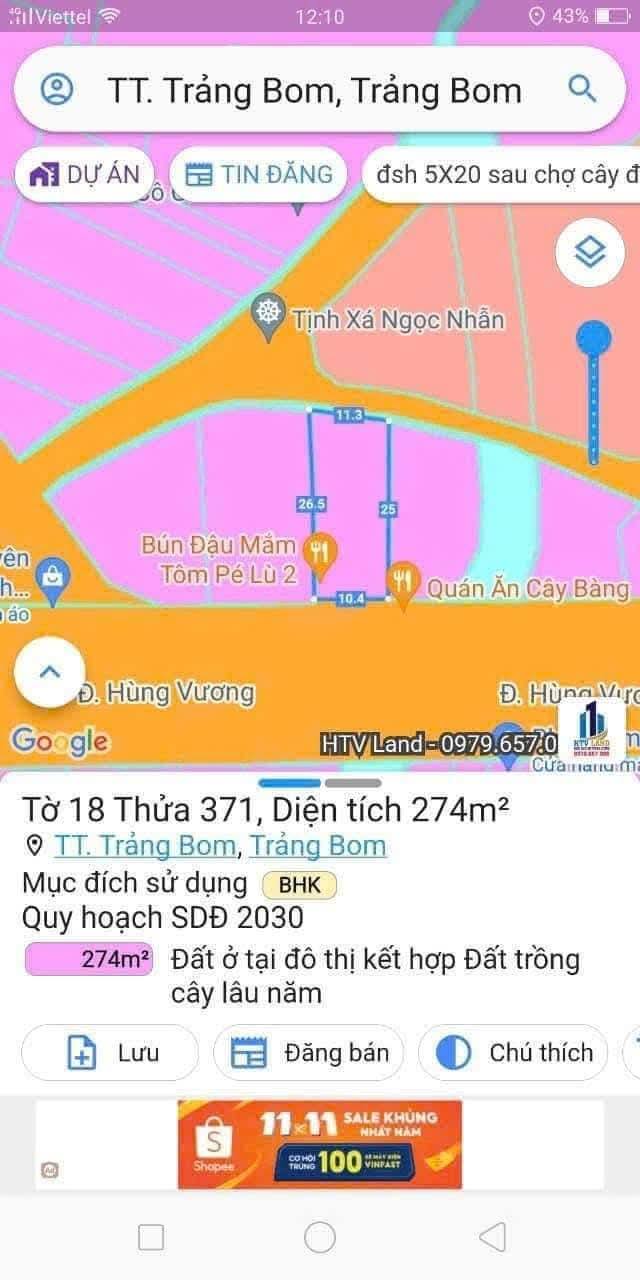 Lô đất mặt tiền kinh doanh Trảng Bom 274m² giá 6.82 tỷ - Cơ hội đầu tư sinh lời!
