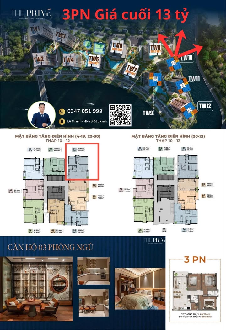 Căn hộ 3PN The Privé Quận 2 98,5m² giá 13 tỷ - Đầu tư sinh lời ngay!