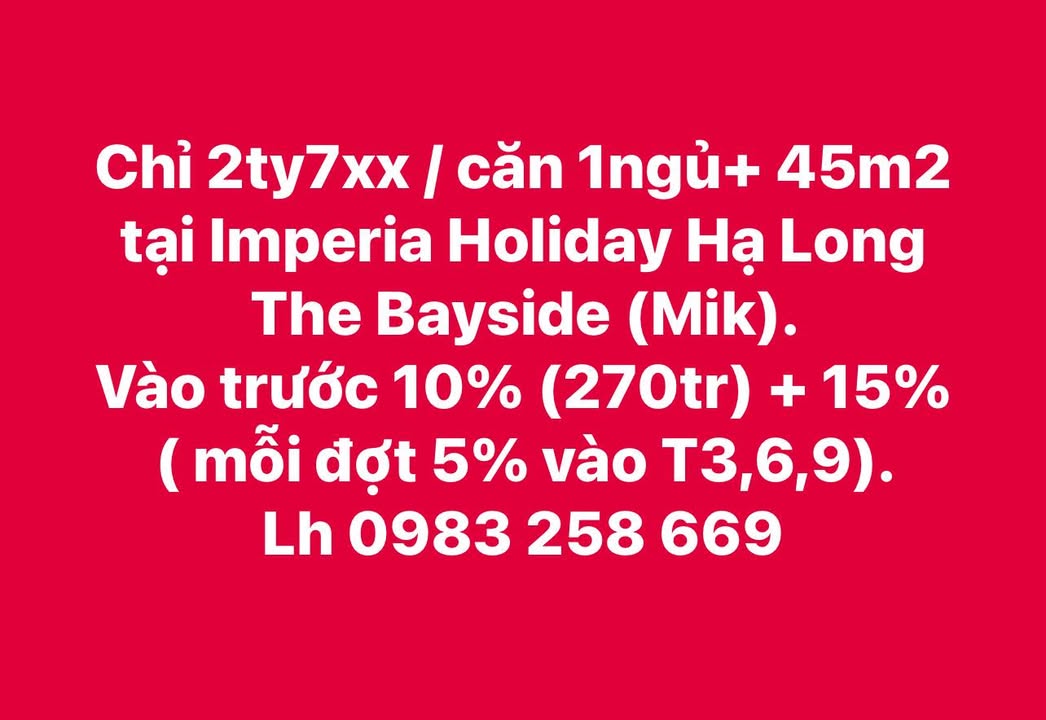 Căn hộ Imperia Holiday Hạ Long 45m² giá 2.7 tỷ - Tiến độ thanh toán linh hoạt