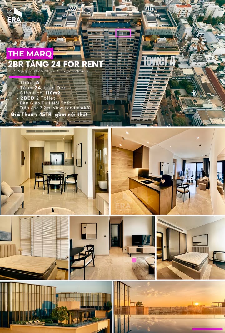 Căn hộ 2 phòng ngủ The Marq Quận 1 73m² giá 45 triệu - Nhà mới 100% full nội thất!