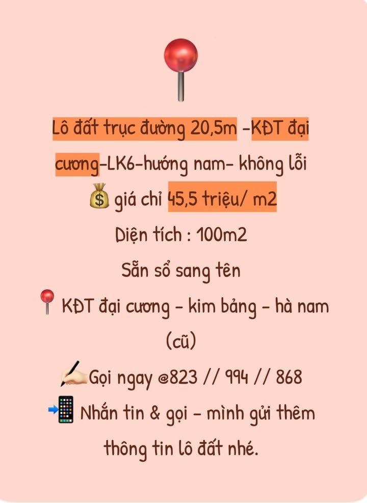 Lô đất KĐT Đại Cương, Kim Bảng 100m² chỉ 4.55 tỷ - Hướng Nam, sổ đỏ chính chủ!