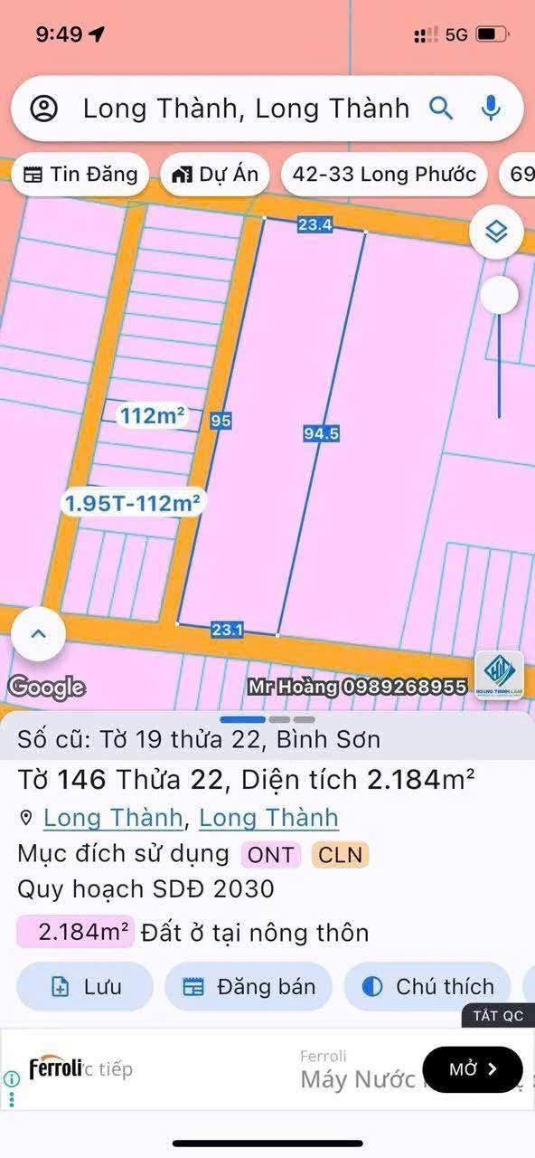Đất nền chính chủ Bình Sơn, Long Thành 2185m² - Cơ hội đầu tư tuyệt vời!