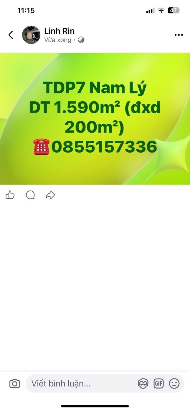 Đất nền TDP7 Nam Lý 1.590m² - Cơ hội đầu tư hấp dẫn!