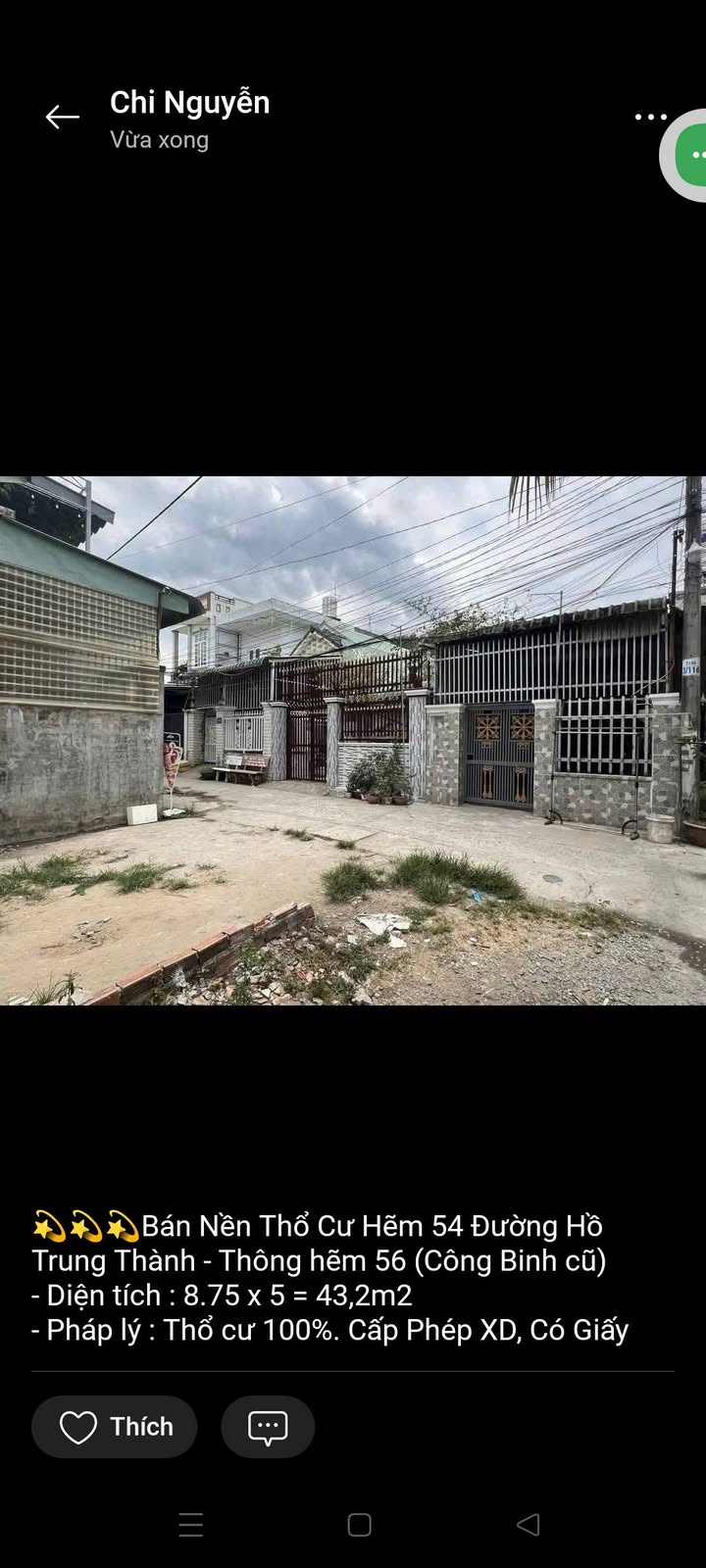 Đất nền thổ cư Hẻm 54 Đường Hồ Trung Thành 43m² giá 750 triệu - Pháp lý rõ ràng