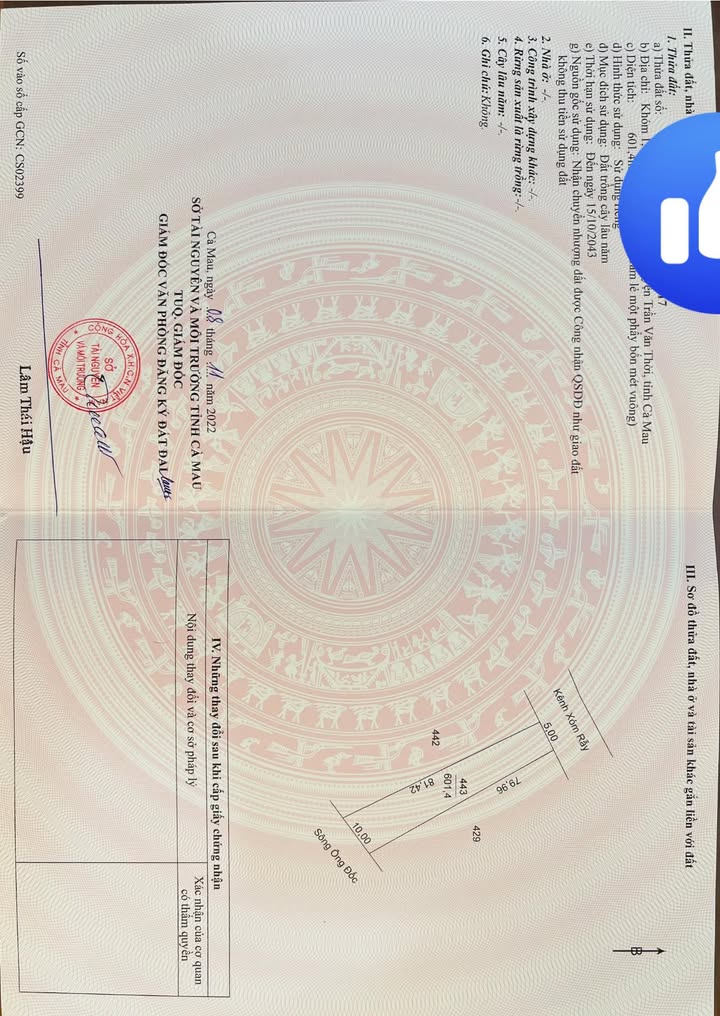 Đất nền 2 mặt tiền 601.4m² xã Trần Văn Thời giá 600 triệu - Cơ hội đầu tư hấp dẫn!