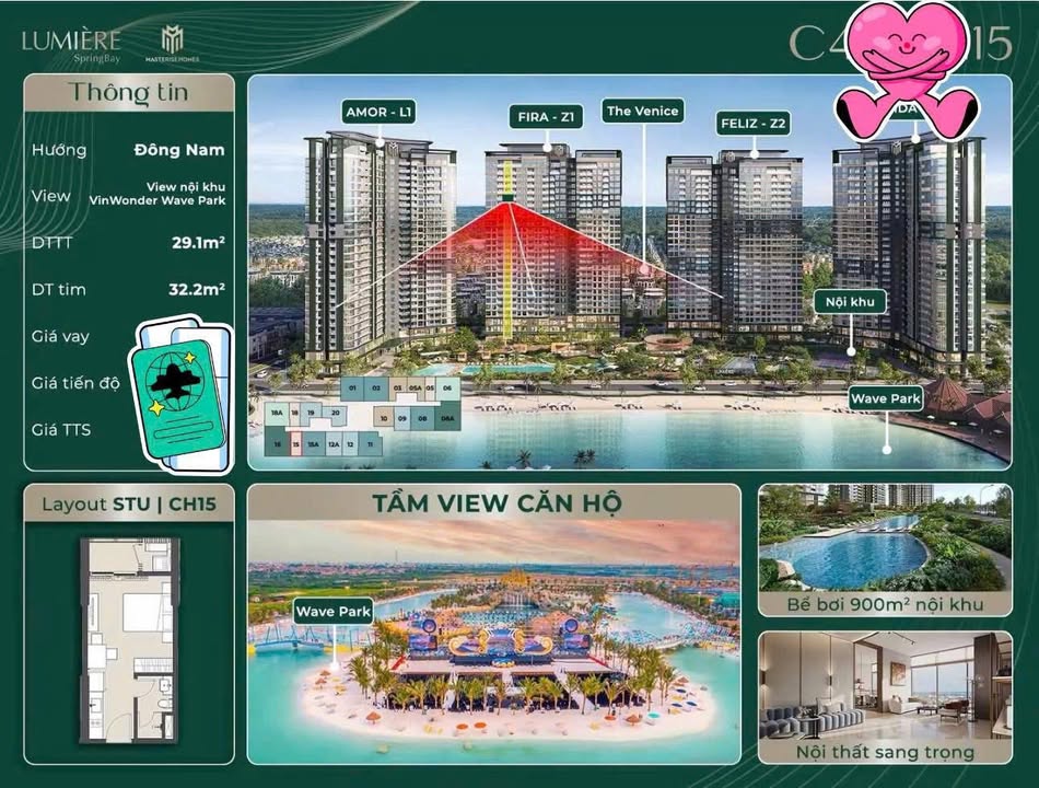 Căn hộ Studio Spring Bay Nghĩa Trụ 29.1m² giá 2.95 tỷ - View triệu đô Wonder Wave Park!