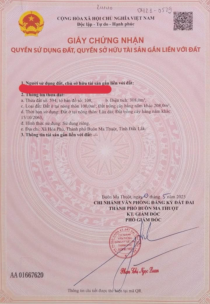 Đất nền Hòa Phú Buôn Ma Thuột 308m² giá 2 tỷ - Sổ đỏ chính chủ, vị trí đắc địa!