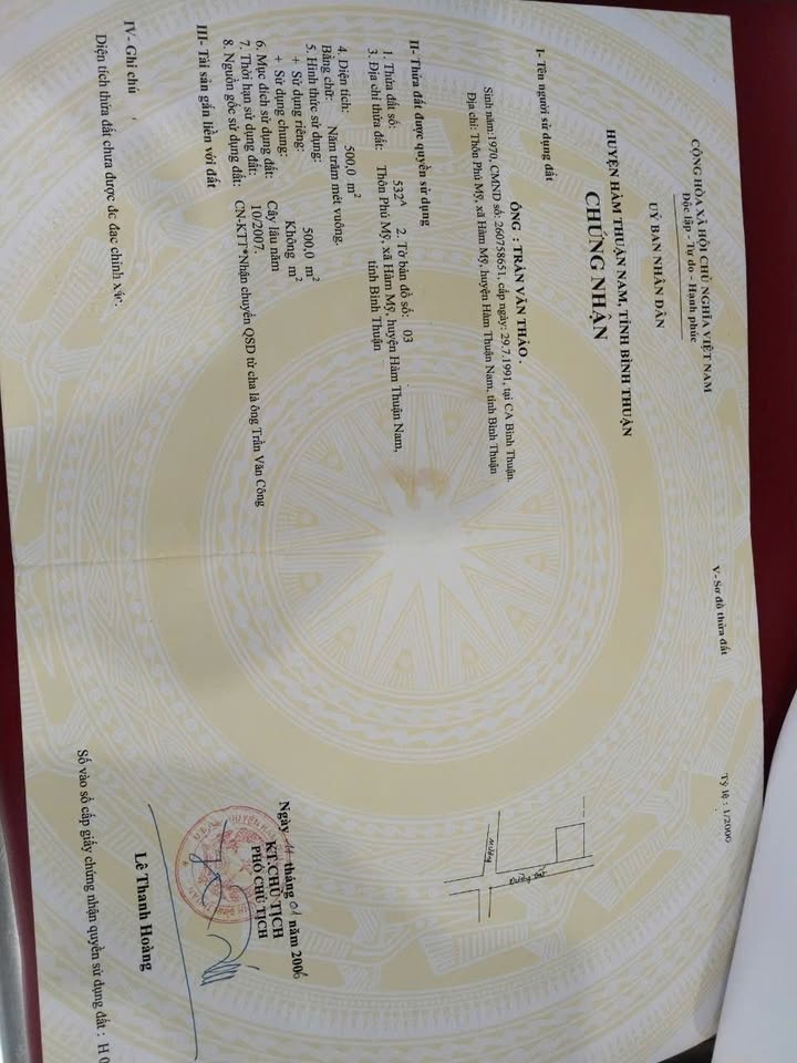 Lô đất thổ cư 500m² tại Phú Mỹ, Hàm Thuận Nam - Giá thỏa thuận, đầu tư sinh lời!