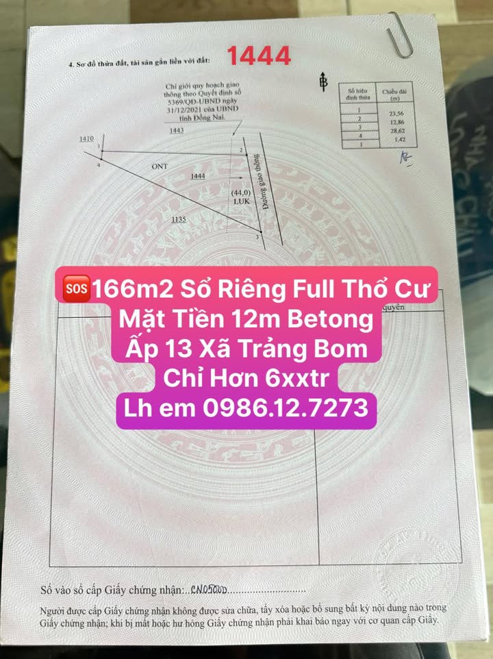 Đất nền Trảng Bom 166m² giá chỉ 600 triệu - Sổ riêng, thổ cư đầy đủ!