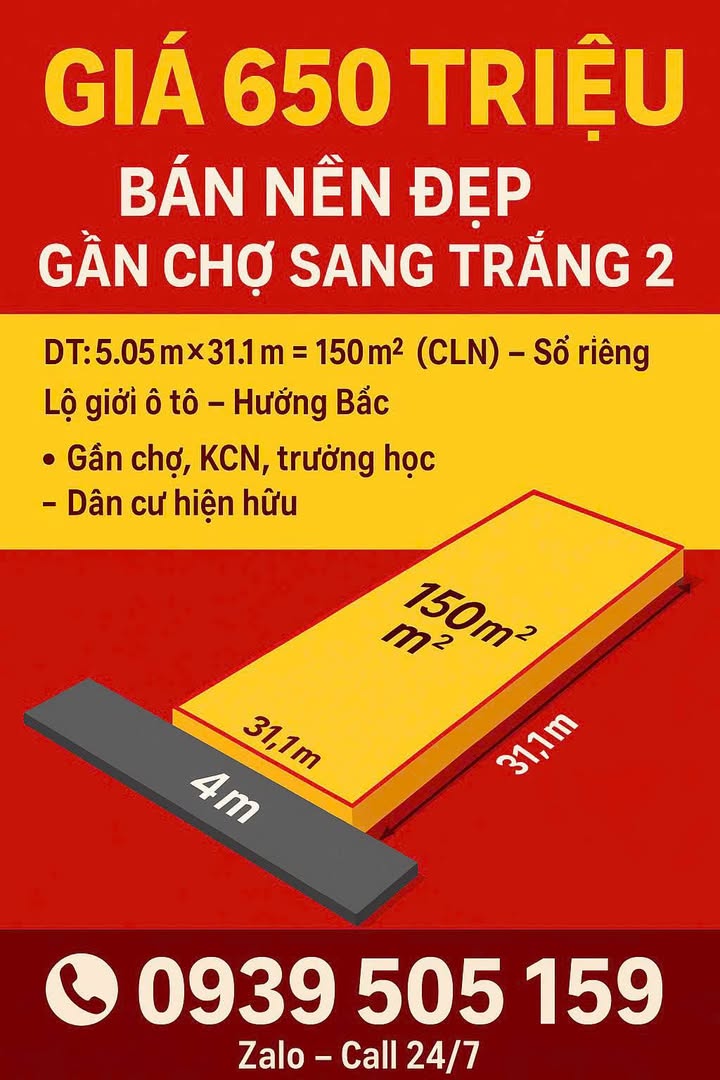 Đất nền khu phố Bình Hòa A, Cần Thơ 150m² giá 650 triệu - Sổ riêng, hướng Bắc