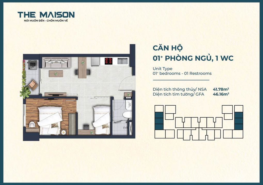 Căn hộ The Maison Thủ Dầu Một 46m² giá 1.5 tỷ - View đẹp hướng khu sinh thái An Sơn!