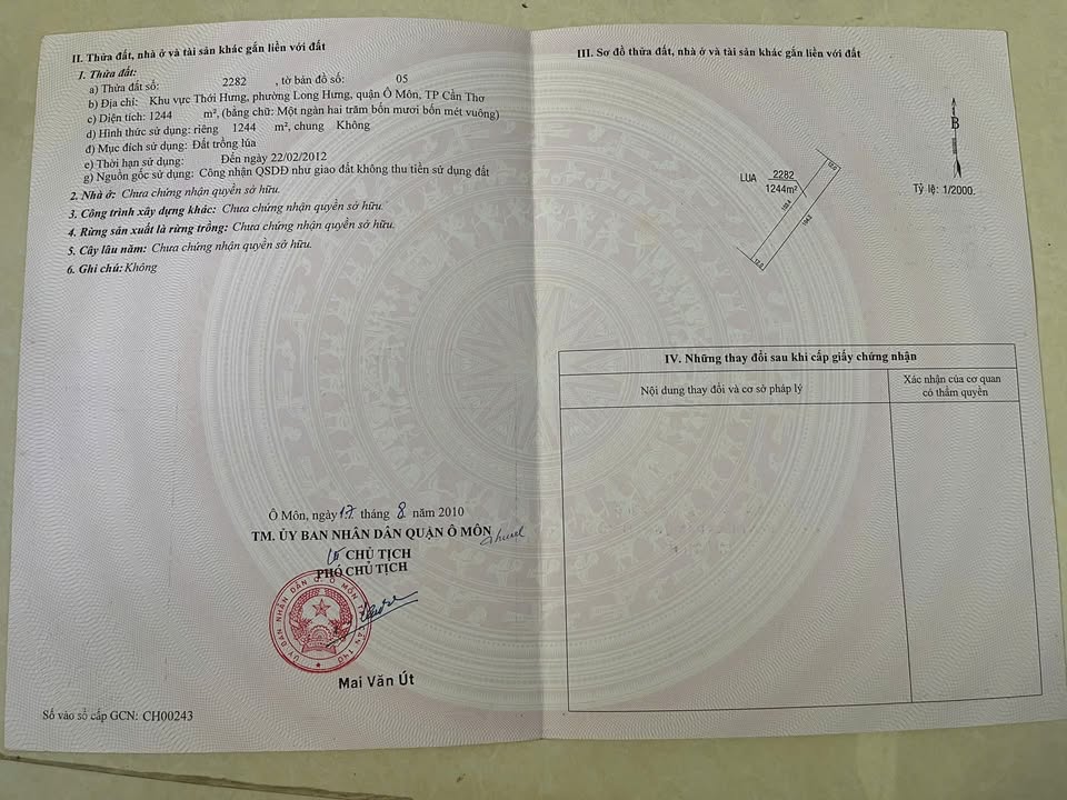 Đất vườn Long Hưng, Ô Môn 1244m² giá 4.35 tỷ - Tiềm năng đầu tư lớn!