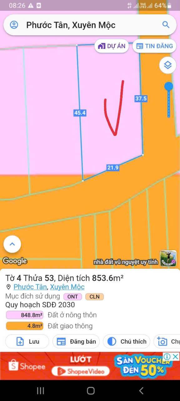 Đất nền 2 mặt tiền Phước Tân - Xuyên Mộc 853m² giá 4.9 tỷ - Sổ đỏ chính chủ