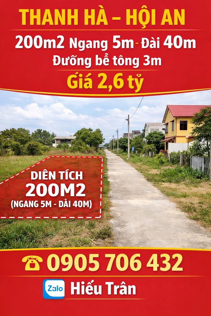 Đất nền Thanh Hà, Hội An 200m² giá 2.6 tỷ - Cơ hội đầu tư hấp dẫn!