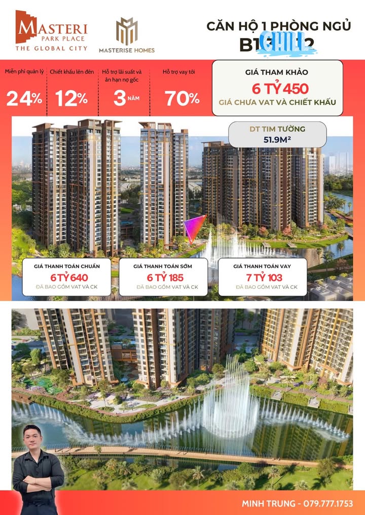 Căn hộ 1PN Masteri Park Place Thủ Đức 51.9m² giá 6.45 tỷ - Cơ hội đầu tư không thể bỏ lỡ!