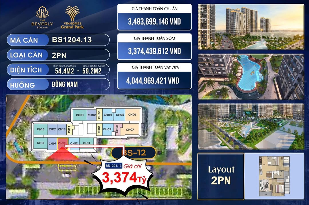 Căn hộ VinHomes Grand Park Quận 9 54m² giá 3.48 tỷ - Cực hiếm chỉ 1 căn!