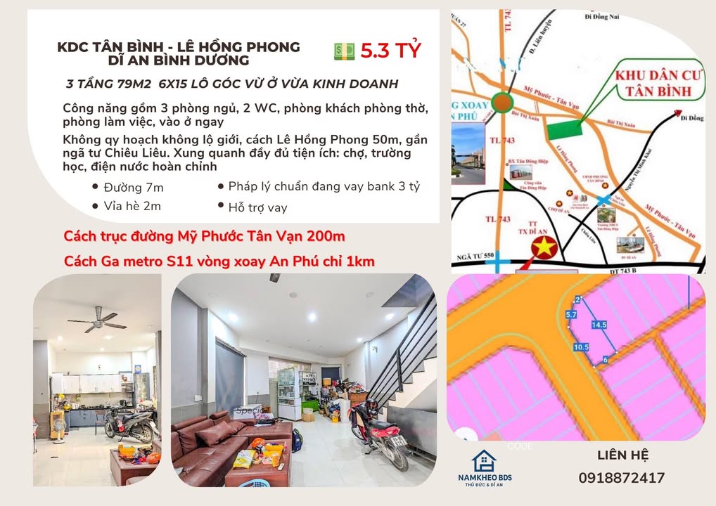 Bán nhà lô góc Tân Bình, Dĩ An 79m² giá 5.3 tỷ - Thích hợp ở và kinh doanh!