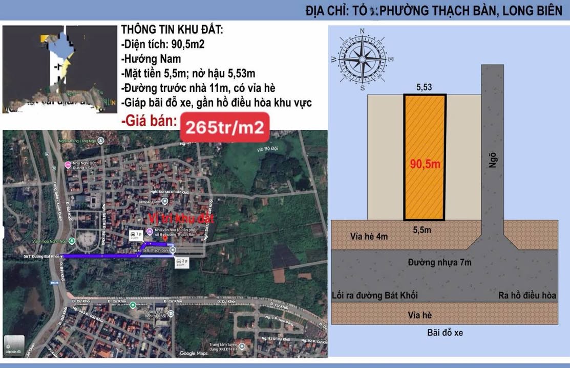 Đất nền Long Biên 90,5m² giá 24.072 tỷ - View hồ điều hòa cực đẹp!