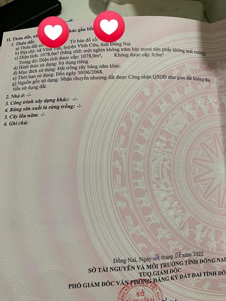 Đất nền 1078m² tại Vĩnh Tân, Vĩnh Cửu - Giá 2.5 tỷ - Sổ hồng riêng