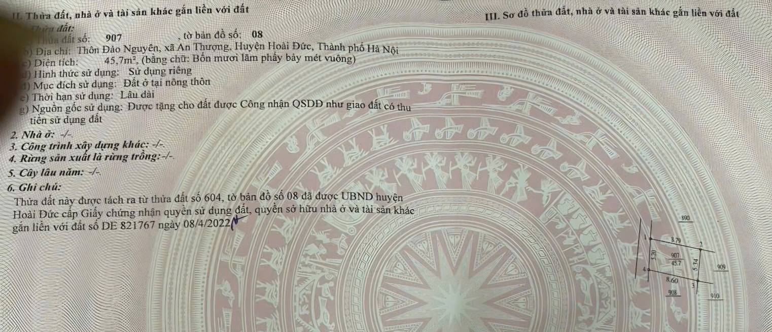 Đất Thổ Cư An Khánh Hoài Đức 45,7m² giá 4 tỷ - Khu dân cư đông đúc, tiện ích đầy đủ!