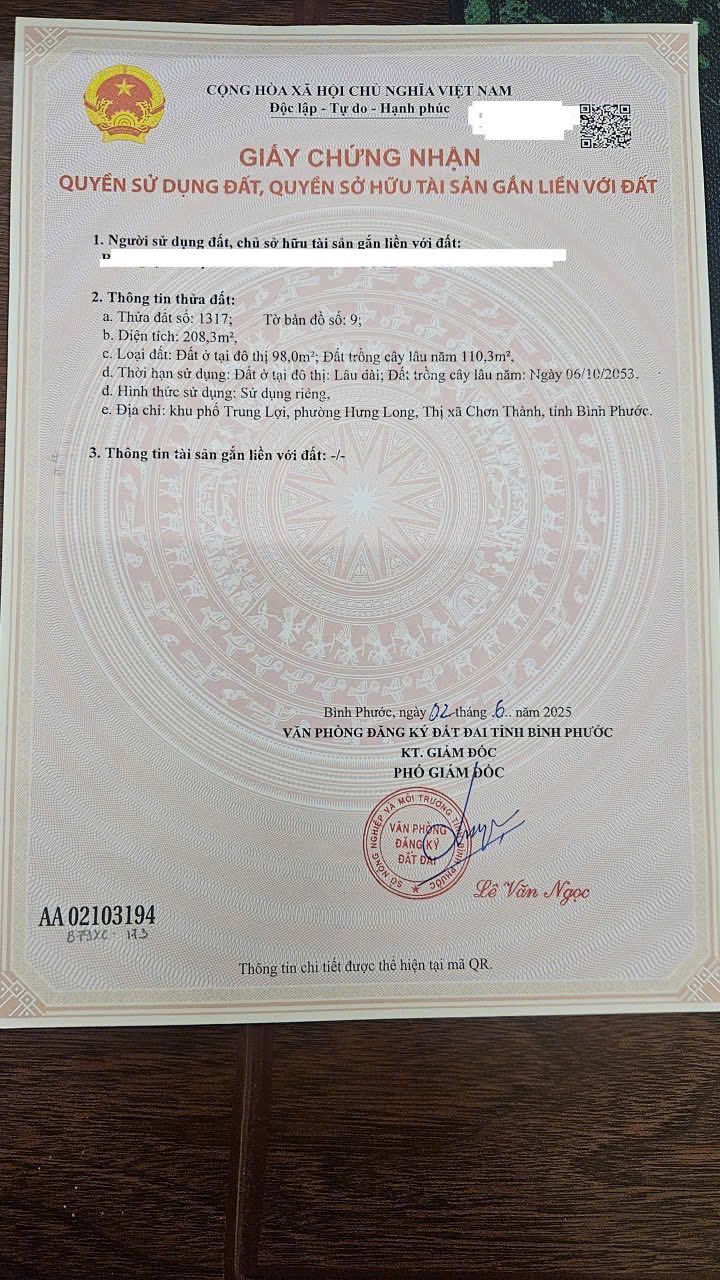 Đất thổ cư Chơn Thành 205m² giá chỉ 5xx triệu - Vị trí trung tâm hành chính!