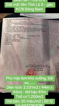 Đất mặt tiền Tỉnh Lộ 8, Củ Chi 2531m² giá 50 tỷ - Tiềm năng đầu tư cao!