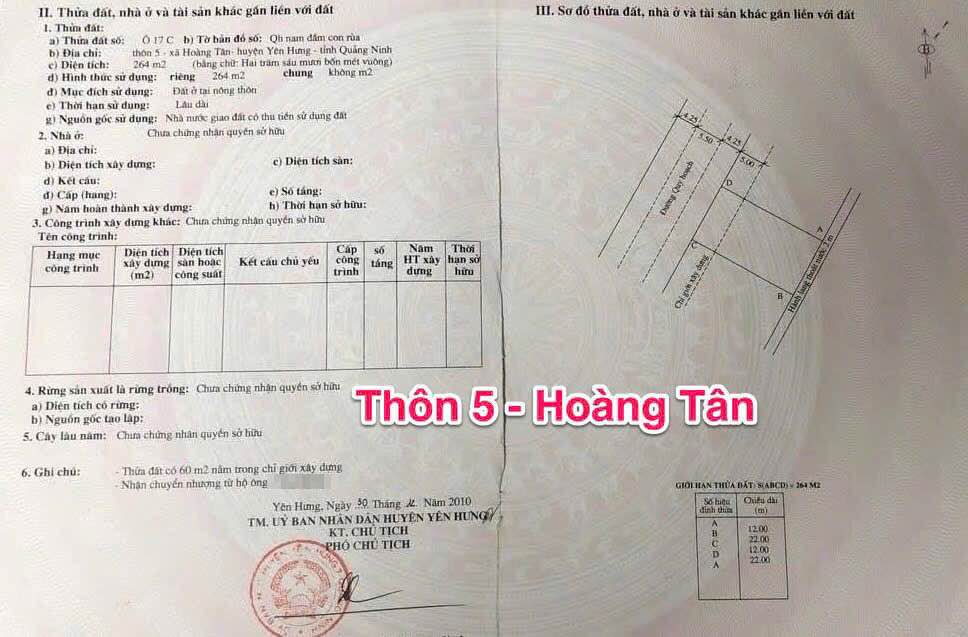 Đất quy hoạch tại thôn 5 xã Hoàng Tân - Quảng Yên 264m² - Đầu tư sinh lời lý tưởng!