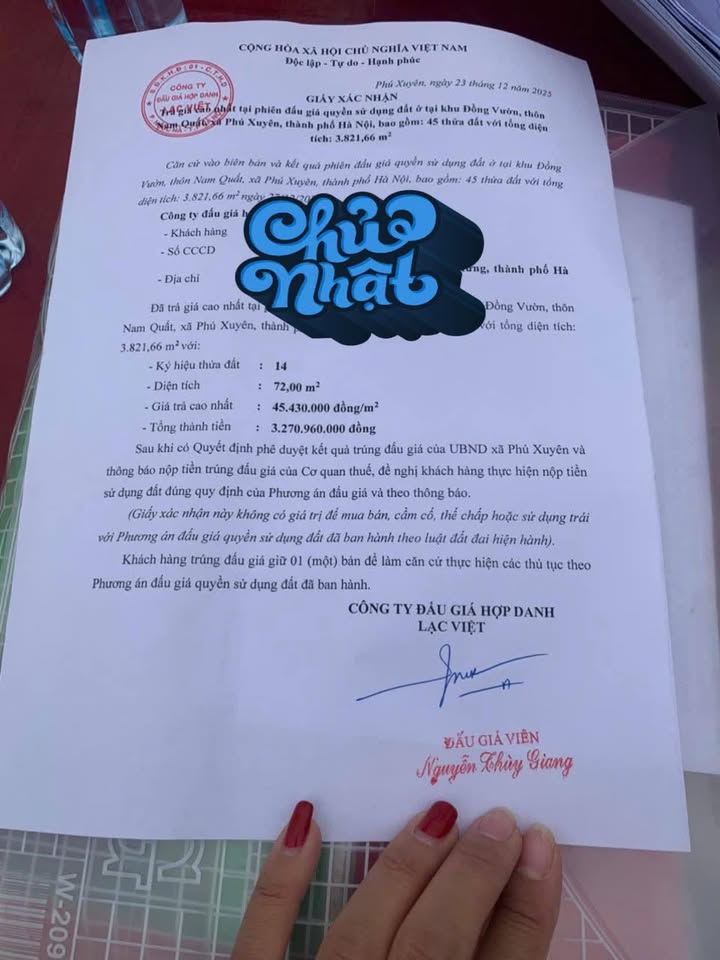 Đất nền đấu giá khu Vườn thôn Nam Quất, Phú Xuyên, 72m² - Vị trí vàng đầu tư!