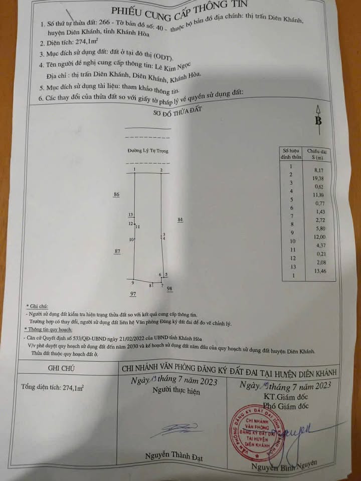 Nhà mặt tiền Lý Tự Trọng Diên Khánh 274m² giá 9.6 tỷ - Đầu tư sinh lời ngay!