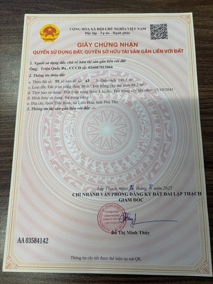 Lô đất chính chủ tại thị trấn Hoa Sơn, Lập Thạch 148,3m² - Đầu tư sinh lời ngay!