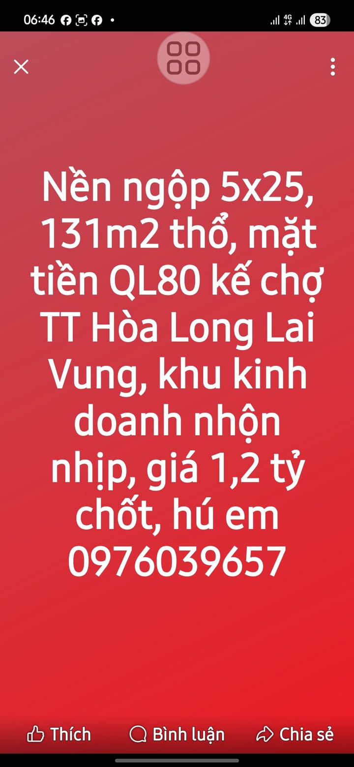 Đất nền 131m² mặt tiền QL80, xã Hòa Long - Khu kinh doanh sầm uất chỉ 1,2 tỷ!