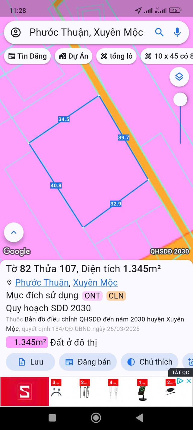 Đất nền Phước Thuận, Xuyên Mộc 13503m² giá 3.4 tỷ - Đường bê tông, gần biển Hồ Tràm!