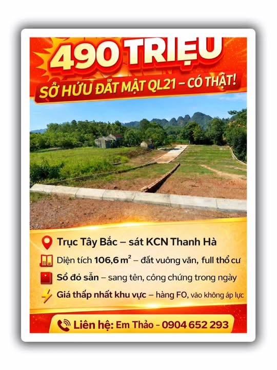 Đất thổ cư mặt Quốc lộ 21, Lạc Thủy, Hòa Bình 106.6m² giá 490 triệu - Cơ hội vàng đầu tư!