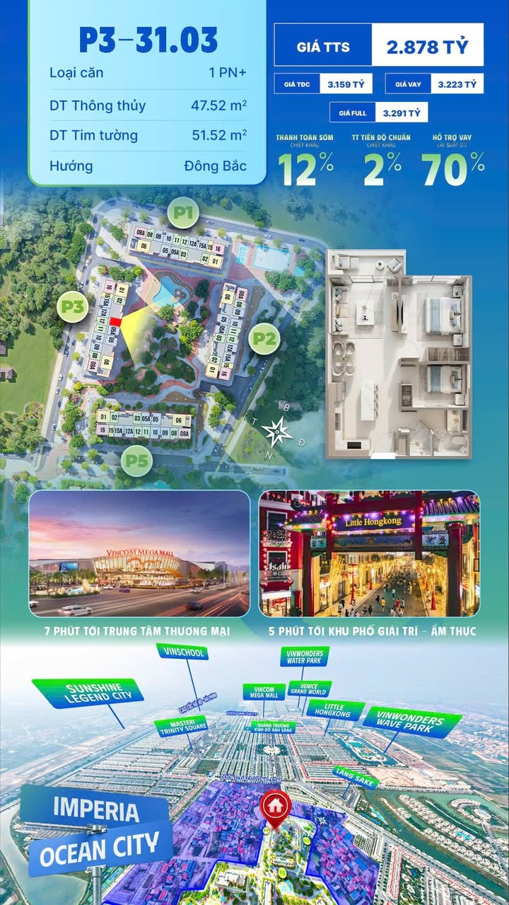 Căn hộ 1PN+ Tòa P3, Văn Giang 47m² giá 2.877 tỷ - Không gian sống lý tưởng cho gia đình trẻ!